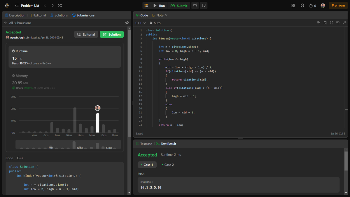 DAY 28 - #30daysOfCode 🚀

▪️ Problem : H-Index II
▪️ Problem link : leetcode.com/problems/h-ind…
▪️ Platform : LeetCode

#30daysofcode #30daysofDSA #CodeEveryday #CodeChallenge #LeetCode