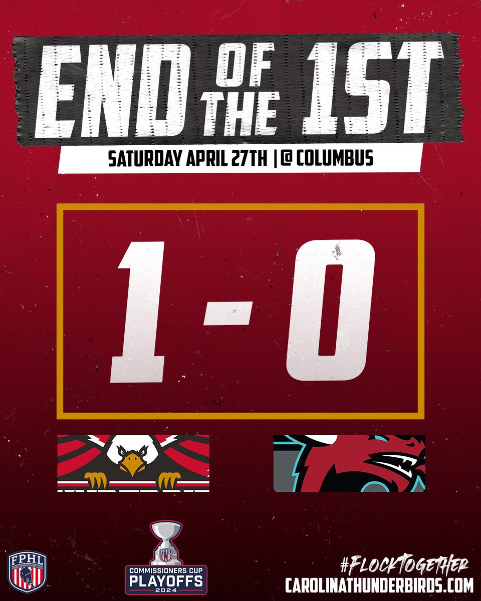 Thunderbirds lead 1-0 against the Columbus River Dragons after the first period in game two of their playoff series.⚡️ 🏒 #Flocktogether #CarolinaThunderbirds #Unfinishedbusiness