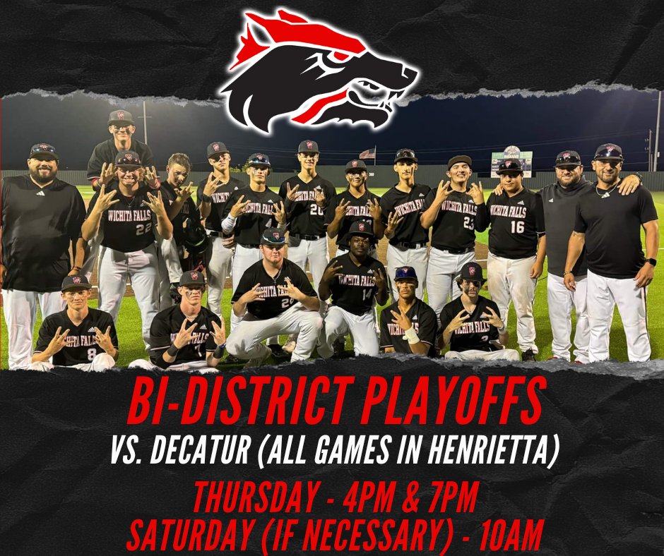 🌟 WFHS Coyotes Baseball🌟 WFHS-Decatur Bi-District Playoffs ⚾ 📅 Game 1: Thursday at 4:00 PM (Decatur Home Team) 📅 Game 2: Thursday at 7:00 PM (WF Home Team) 📅 Game 3 (if needed): Saturday at 10:00 AM $5 Admission #teamWFISD #WFISDtalent #GoYotes @coachsims24 @WFHSCoyotes