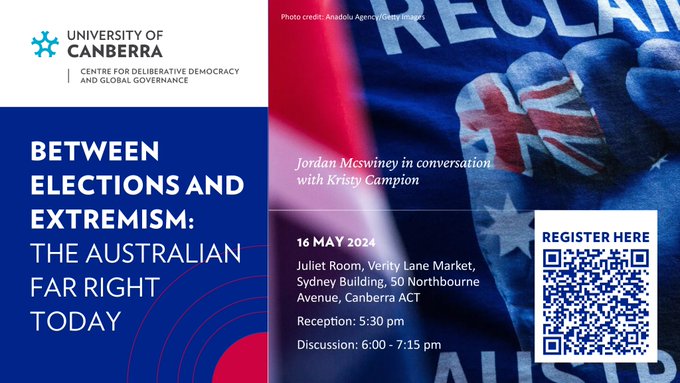 📣What does the future hold for far-right politics in Australia? To #Canberra-based friends and colleagues 🌟 A public event featuring own @jordan_mcswiney in conversation with @KristyCampion All welcome. Register here: eventbrite.com.au/e/between-elec…