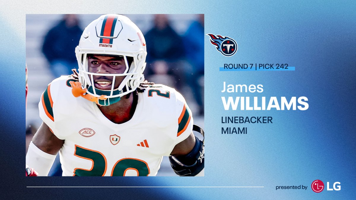 The @Titans selected @CanesFootball's James Williams @Begreat_20 in the seventh round of the #NFLDraft. Williams will now made the adjustment from safety to linebacker in the NFL. 'I am ready for it, embracing it, and ready to put my talents on display.' READ…