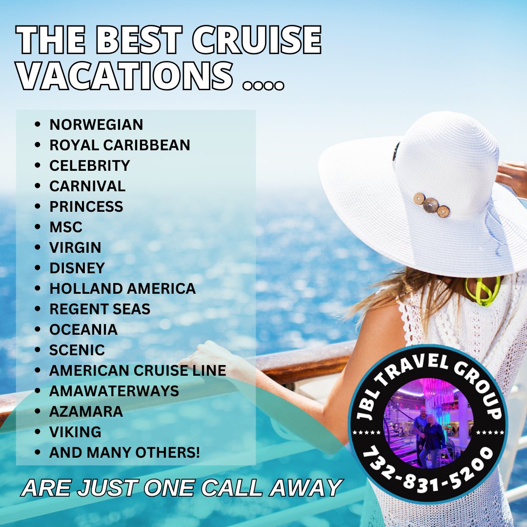 Thinking about a #cruise ? We have them all and we are just #onecallaway
Call the #jbltravelgroup today and let us help you find the best cruise for your #familyvacation #groupgetaway #destinationwedding #honeymoon or #romaticgetaway