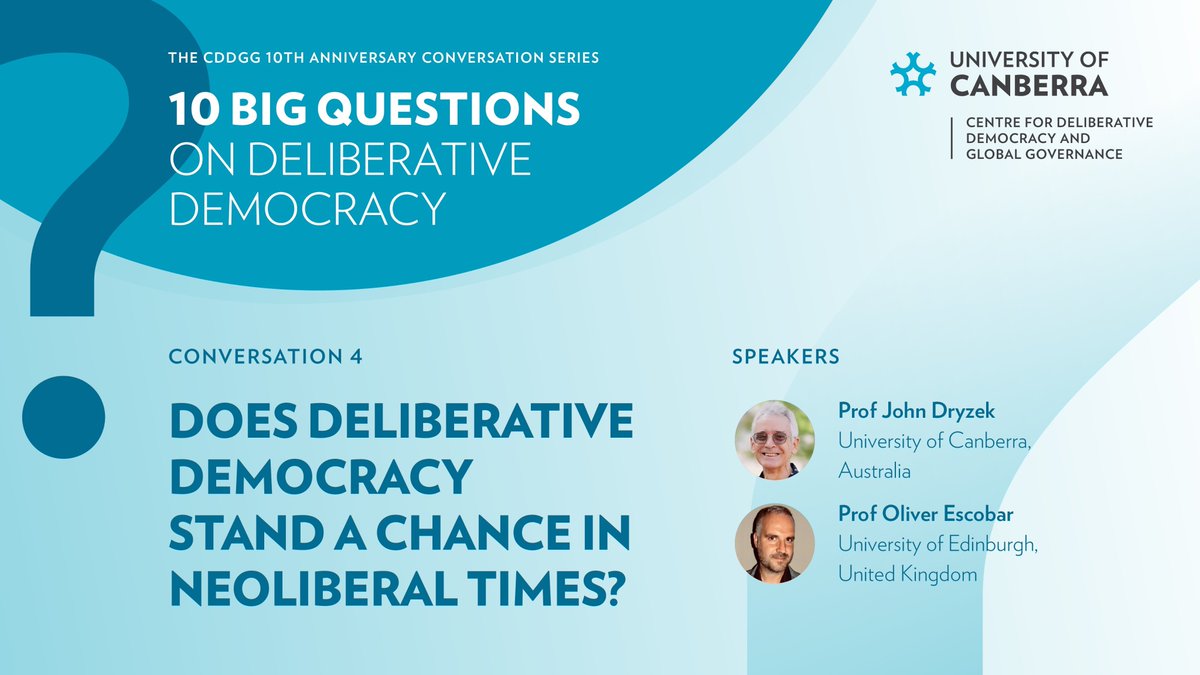 Big Question 4⃣ in our 🔟part anniversary series Does deliberative democracy stand in neoliberal times? Featuring John Dryzek - author of Democracy in Capitalist Times - in conversation with @OliverEscobar. 14 May (Tue) 9 am - Edinburgh 6 pm - Canberra deldem.ticketleap.com/does-deliberat…