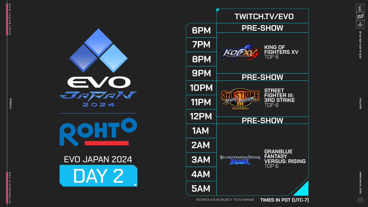 We are live with our English Watch Party of #EvoJapan2024 Day 2! Join us for Top 6 of THE KING OF FIGHTERS XV, Street Fighter III: 3rd Strike, and Granblue Fantasy Versus: Rising!