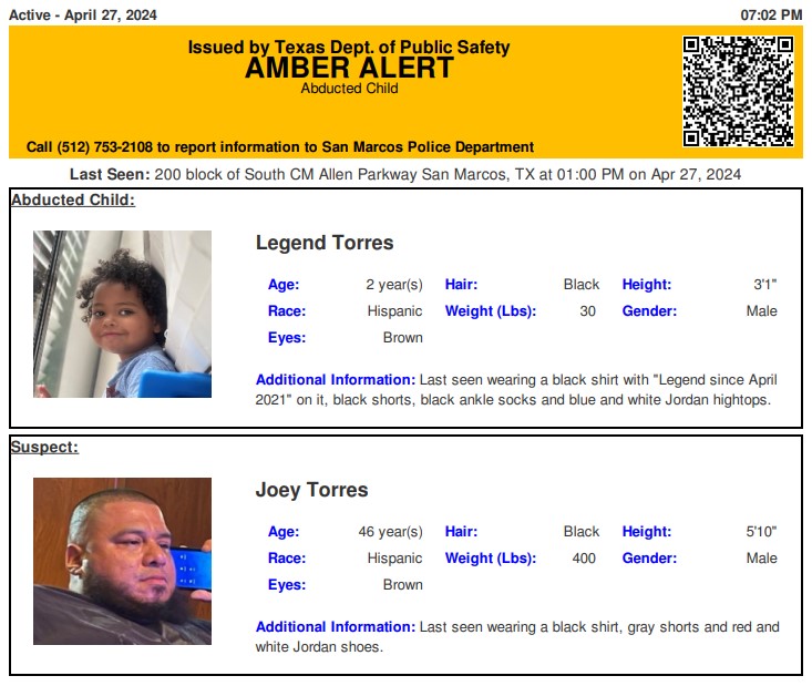 ACTIVE STATEWIDE AMBER ALERT for Legend Torres from San Marcos, TX, on 04/27/2024