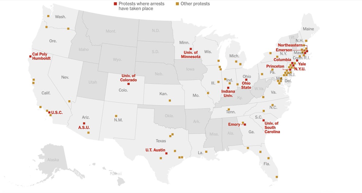 If you feel discouraged by the police crackdown in your campus, look at this map and remember: you are not alone, and there has never been so much mobilization for Palestine in US campuses. (source: NYT)