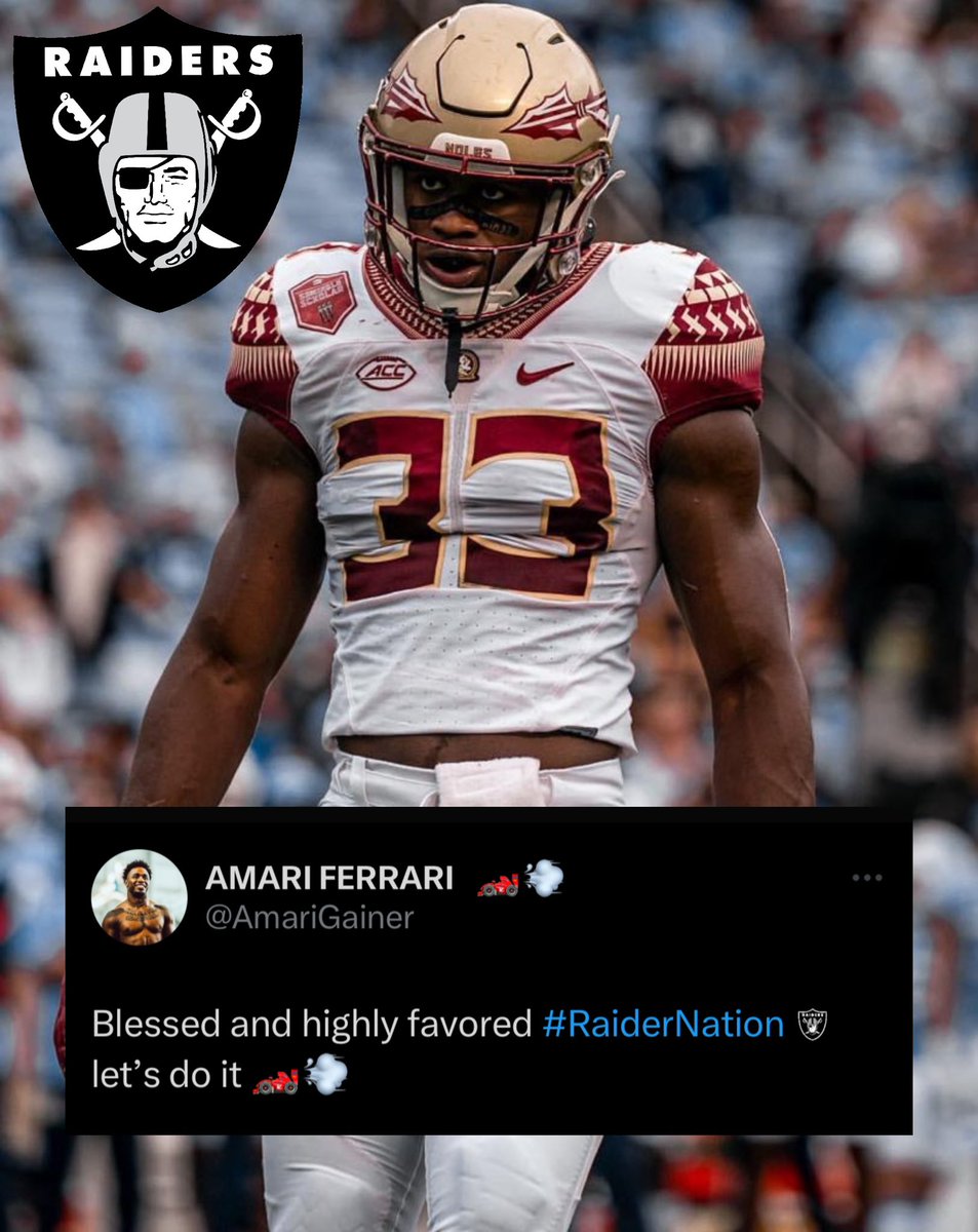 ICYMI: Former #FSU LB @AmariGainer Has Signed With The Las Vegas Raiders As A UDFA.🔥🍢 The Former 4🌟 Recruit Transferred From #FSU To UNC In December Of 2022. During His Time At #FSU, Gainer Recorded 210 Total Tackles, 6 Sacks, And 6 Forced Fumbles. #GoNoles #KeepCLIMBing