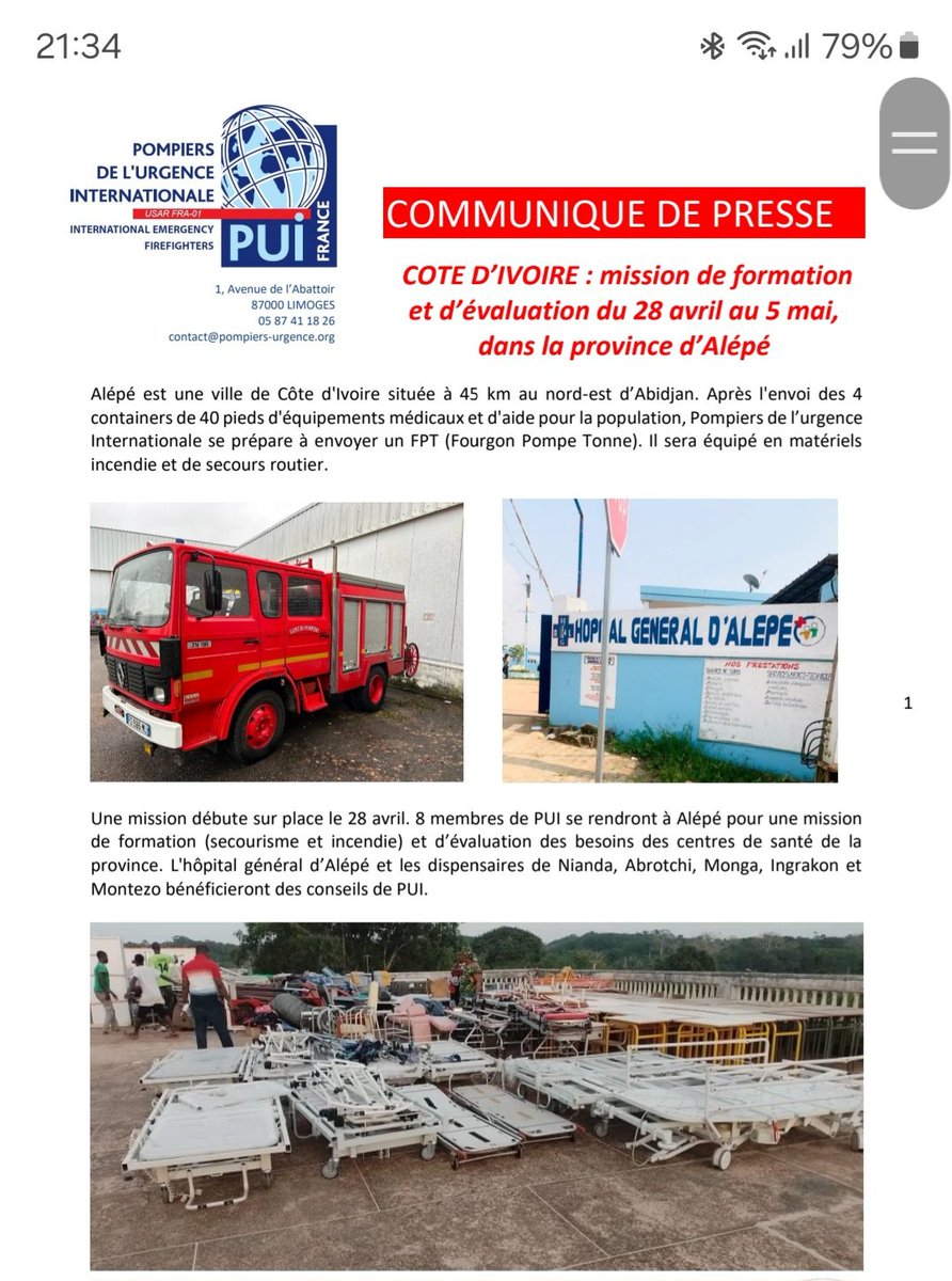 PUI_FRANCE's tweet photo. Importante mission de Pompiers de l'Urgence Internationale International Emergency Firefighters en #cotedivoire à #alepe dès dimanche et pour 8 jours. Lisez notre communiqué de presse ci-dessous. 😁👍 https://t.co/KoL13H5rq9