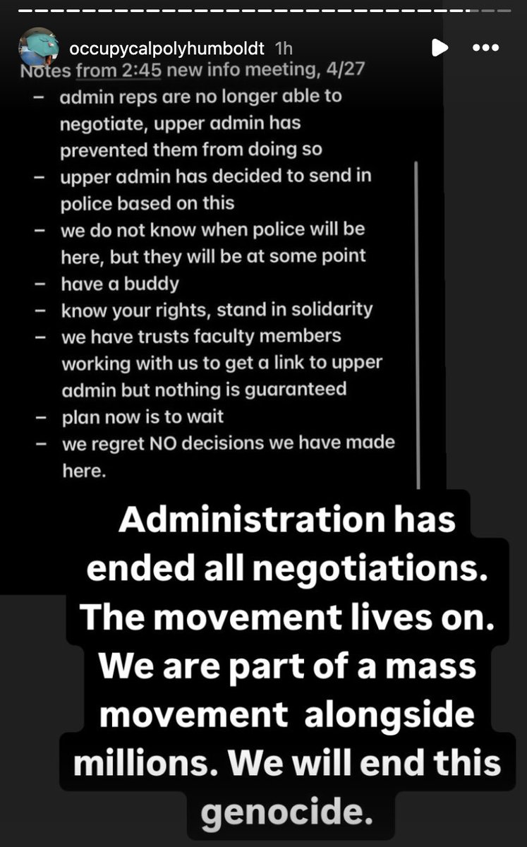 🚨 Cal Poly admin has ended all negotiations with the occupation. The students say: 'We do not know when police will be here, but they will be at some point. We regret NO decisions we have made. We are part of a mass movement alongside millions. We will end this genocide.'