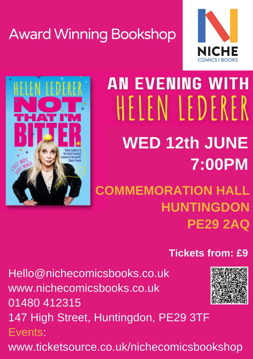 So excited to have an event with Helen Lederer.   Tickets: ticketsource.co.uk/nichecomicsboo…
#ntib #memoir #book #comedy #funny #funnywomen #interview #booksigning #witty #wittywomen #abfab #bottom #nakedvideo #happyfamilies #bigbrother #celebritybigbrother #cbb #splash
@TheMirrorBooks