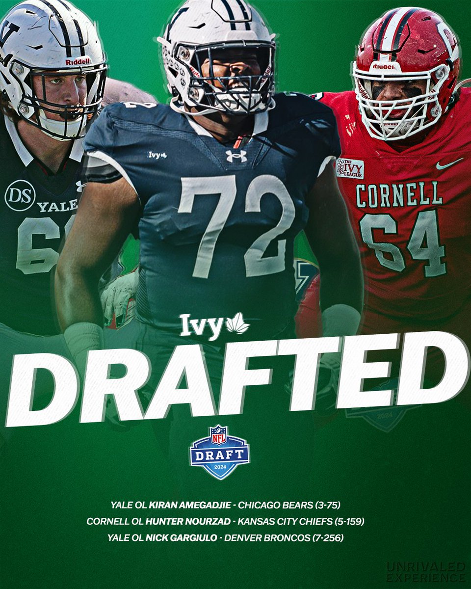 IVY LEAGUE ➡️ THE LEAGUE. 3⃣ former Ivy football stars -- all offensive linemen -- were picked in the @NFL Draft. That's the most Ivies selected since 2013. 🌿🏈 🌿Kiran Amegadjie @yalefootball 🌿Hunter Nourzad @BigRed_Football 🌿Nick Gargiulo @yalefootball