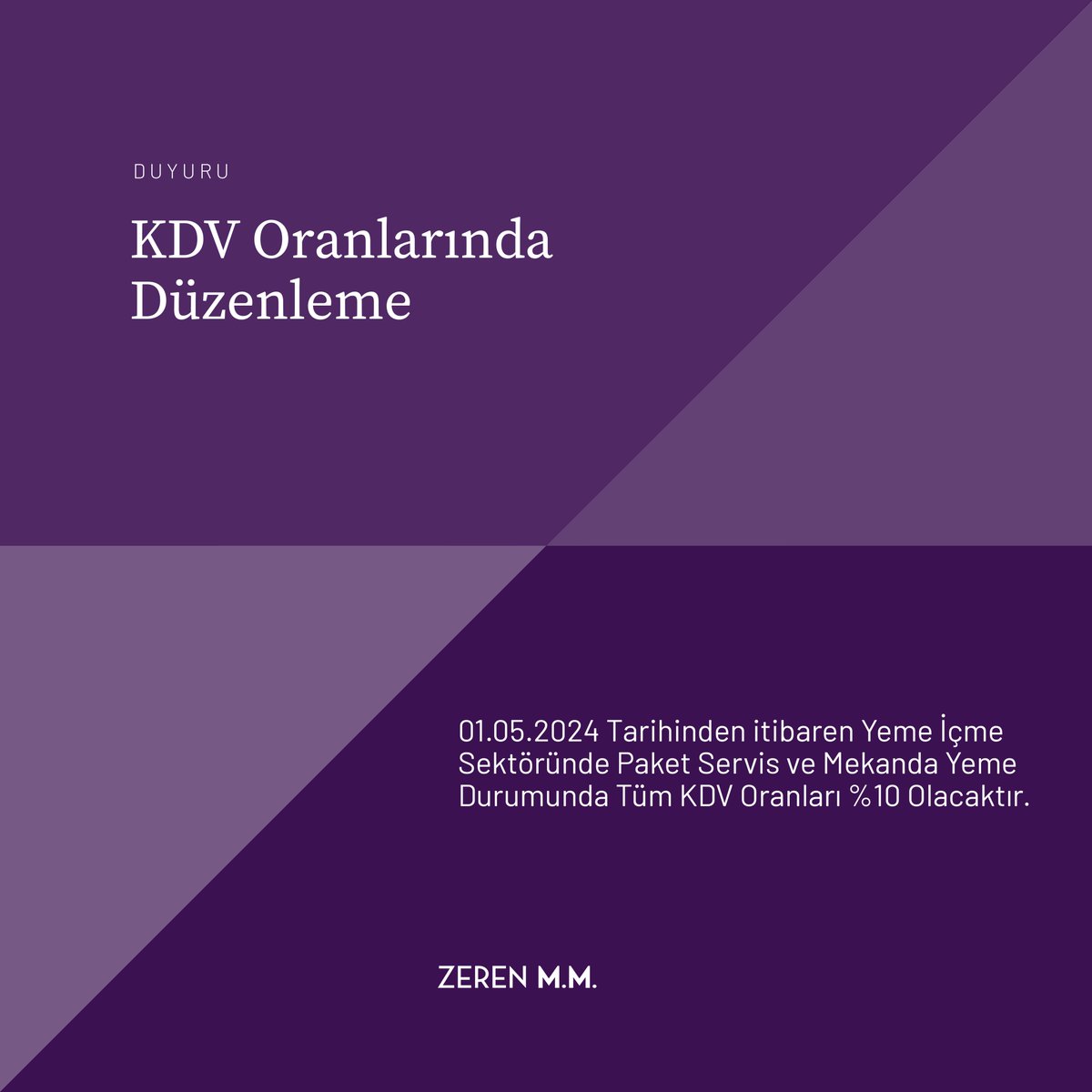 KDV Oranlarında Düzenleme

01.05.2024 Tarihinden itibaren Yeme İçme
Sektöründe Paket Servis ve Mekanda Yeme
Durumunda Tüm KDV Oranları %10 Olacaktır.

#zerenmm #vergi #kdv #düzenleme #tax #sigorta #sgk #denetim #danışmanlık #raporlama
