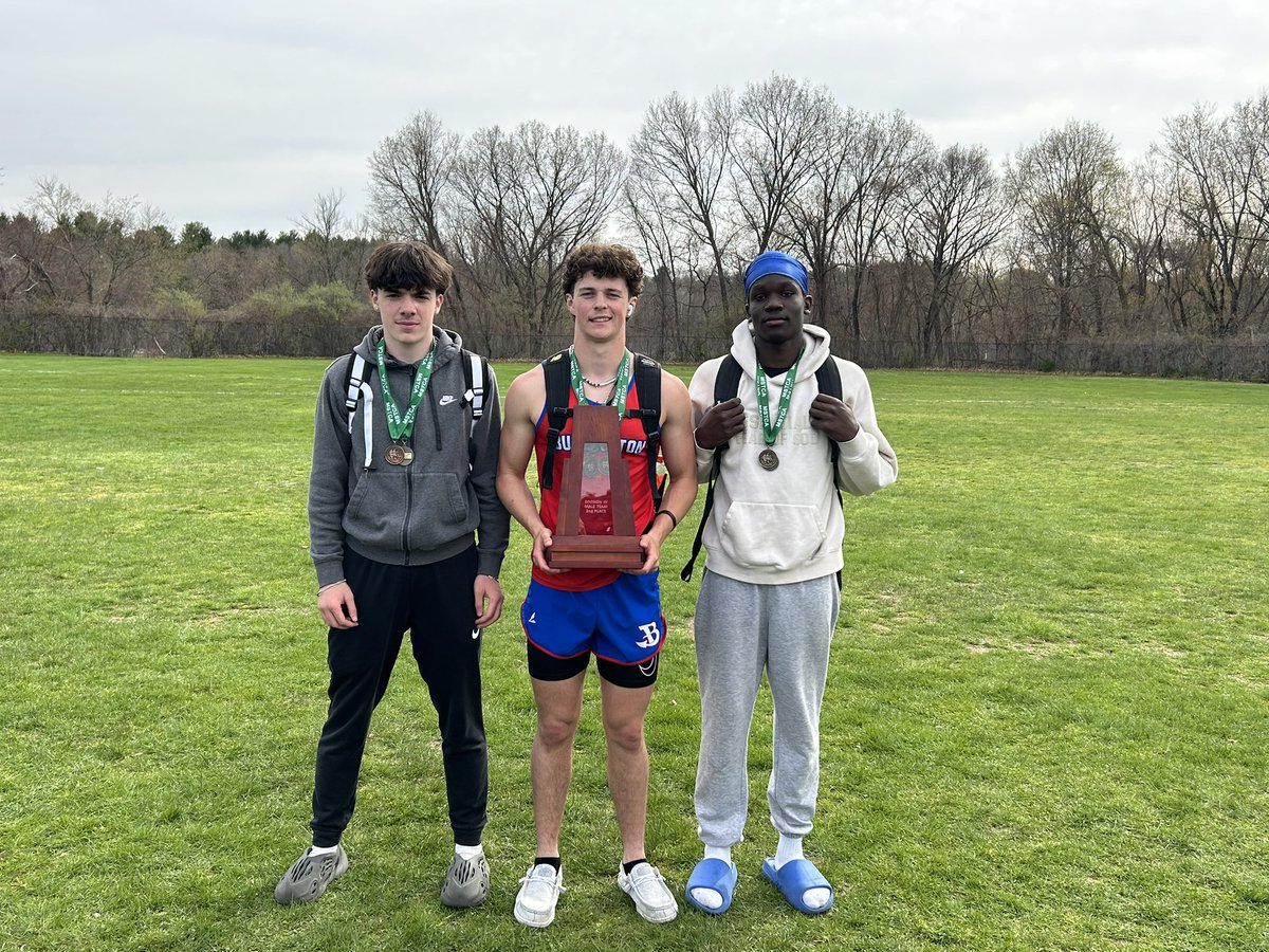 Long jump trio of Ryan Brooks, Shane Sheehan, and Leon Sekandi win with a school record performance of 18.69m (61’ 4”)—a sophomore and two frosh!