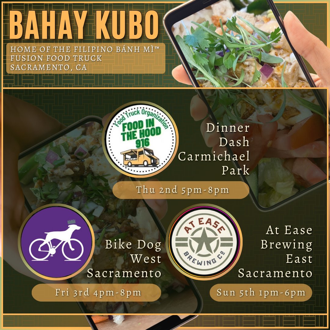 Hi Foodies!
This week find us in West Sac, Roseville, Rancho, EG and Natomas.
|
See you soon! Mona & Olga 👋🏽👋🏻
Bahay Kubo - Home of the Filipino Bánh Mì™️
BahayKuboFoodTruck #Bahay_Kubo_Ko #FoodTruck #FoodTruckfFood #LGBTQ #WomenInBusiness #LGBTQOwned #LocalBusiness #Sacramento