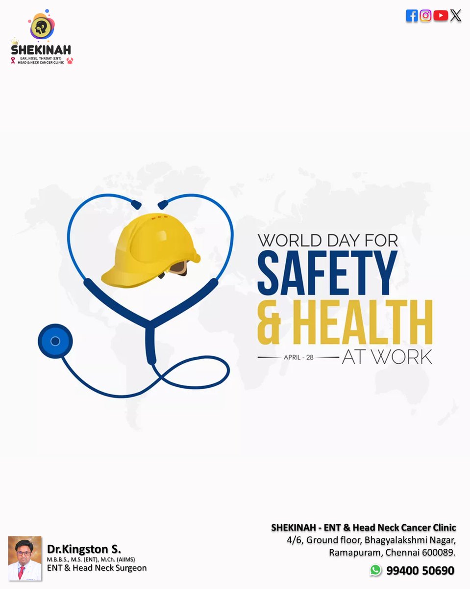 World Day for Safety and Health at Work

#WorldDayForSafetyAndHealthAtWork
#SafeWorkEnvironment
#SafetyEquipment
#WorkplaceSafety
#HealthAndSafety
#WorldSafetyDay
#SafetyAtWork
#FirstAid

Shekinah ENT & Head-Neck Cancer Clinic 

#ENTclinicRamapuram
#ShekinahENT
#ENTclinic 
#ENT
