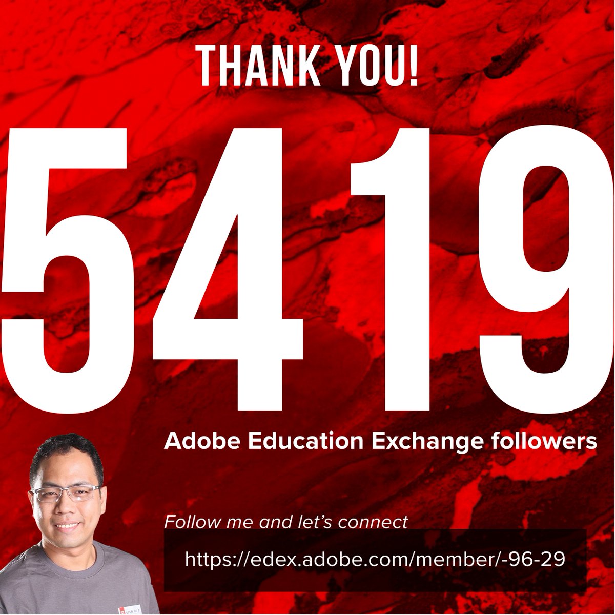 Celebrating small wins!
Thank you to the 5419 followers in Adobe Education Exchange.

Let's start connecting and learning from each other.
Keep on building a better #creativenationph for we are #bettertogether.

Yours truly, #ccevangelistph #fatheraceph #AdobeEduCreative