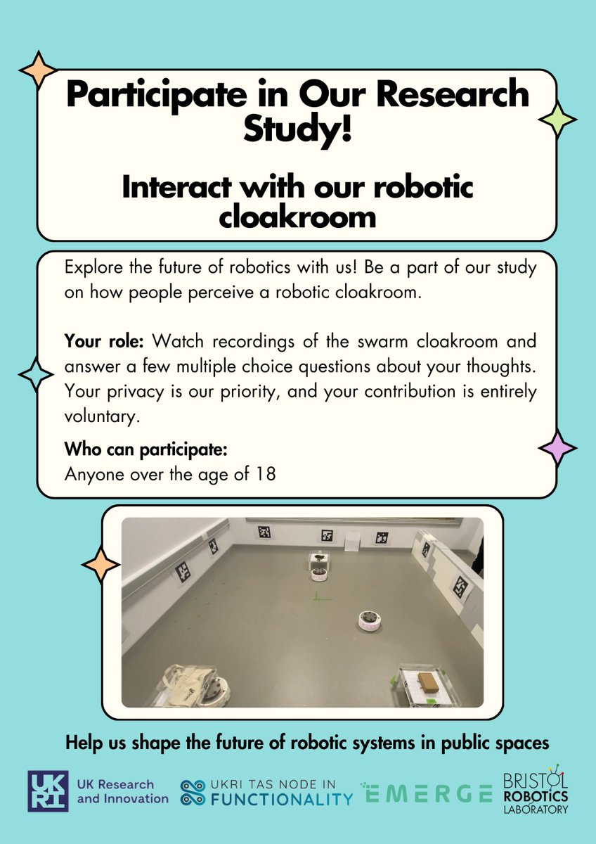 ShyamliSuneesh's tweet image. We're seeking participants for our study on human interaction with our robotic cloakroom. It only takes 10 - 15 min. Check out the attached poster for more details on how to get involved. Help us shape the future of robotics systems in public places.
uwe.eu.qualtrics.com/jfe/form/SV_9H…