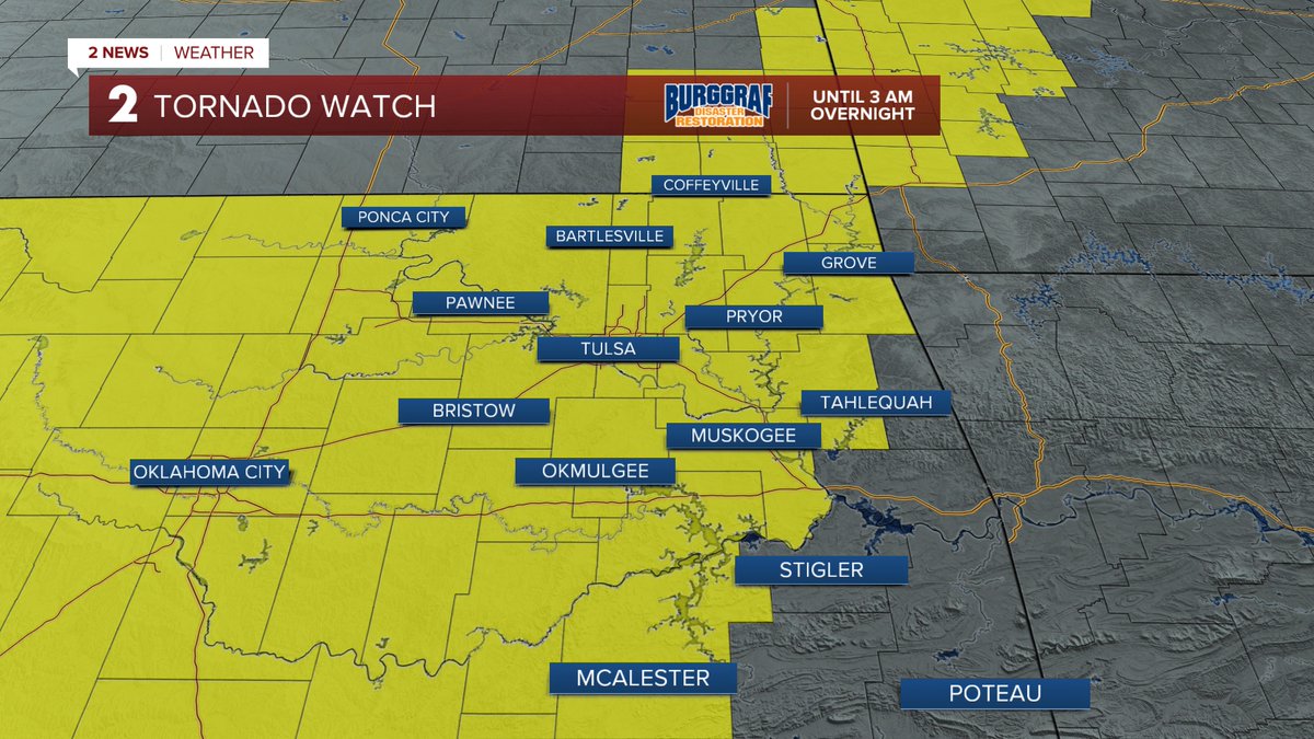 A Tornado Watch has been issued for eastern Oklahoma until 3am. #2NewsOk #OkWx