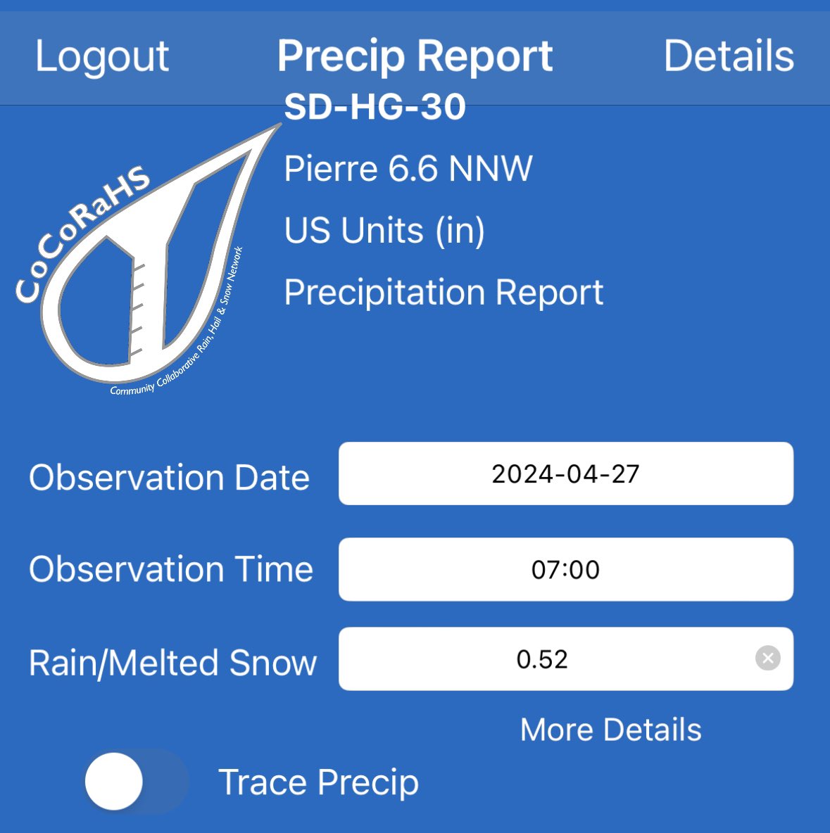 Rain report from Oahe Acres/Grey Goose 0.52” two day total of 1.34” #SDwx @DrgPierreSD @kccrpierre @NWSAberdeen @richshangreaux @DtwanMeyer @DakotaNewsNowWx @SDSUclimate @kelostormcenter @shawncable @Aaron_Doodah @dustinc55