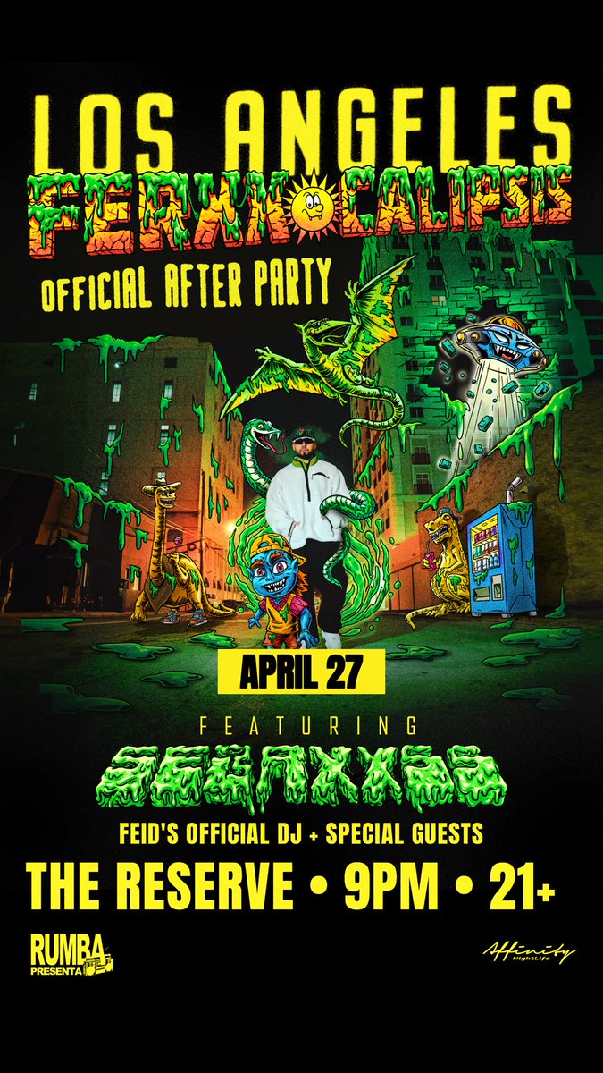 BeManMade's tweet image. APRIL 27th follows the Kia forum concert, where the artist FERXXO (@FEID) has hired us WEIþro正 with Affinity Nightlife to be his only exclusive after hours! He is the most popular Latin singer artist right now. Hundreds of millions of fans.

Ticket sales:
eventbrite.com/e/ferxxocalips…