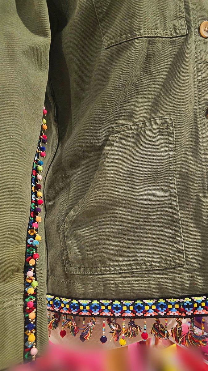 Sneak peak of the karma chameleon jacket..... It's green denim and this is the sleeve and bottom trim😊 just wait till the backs done 🎶🪡🤪❤️