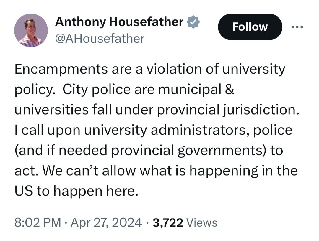 Housefather encouraging and pre-empting a massive police response to the McGill encampment. If anything should be happen, we know who should be held responsible. This man cares more about defending the genocidal Netanyahu regime than he does about human rights.