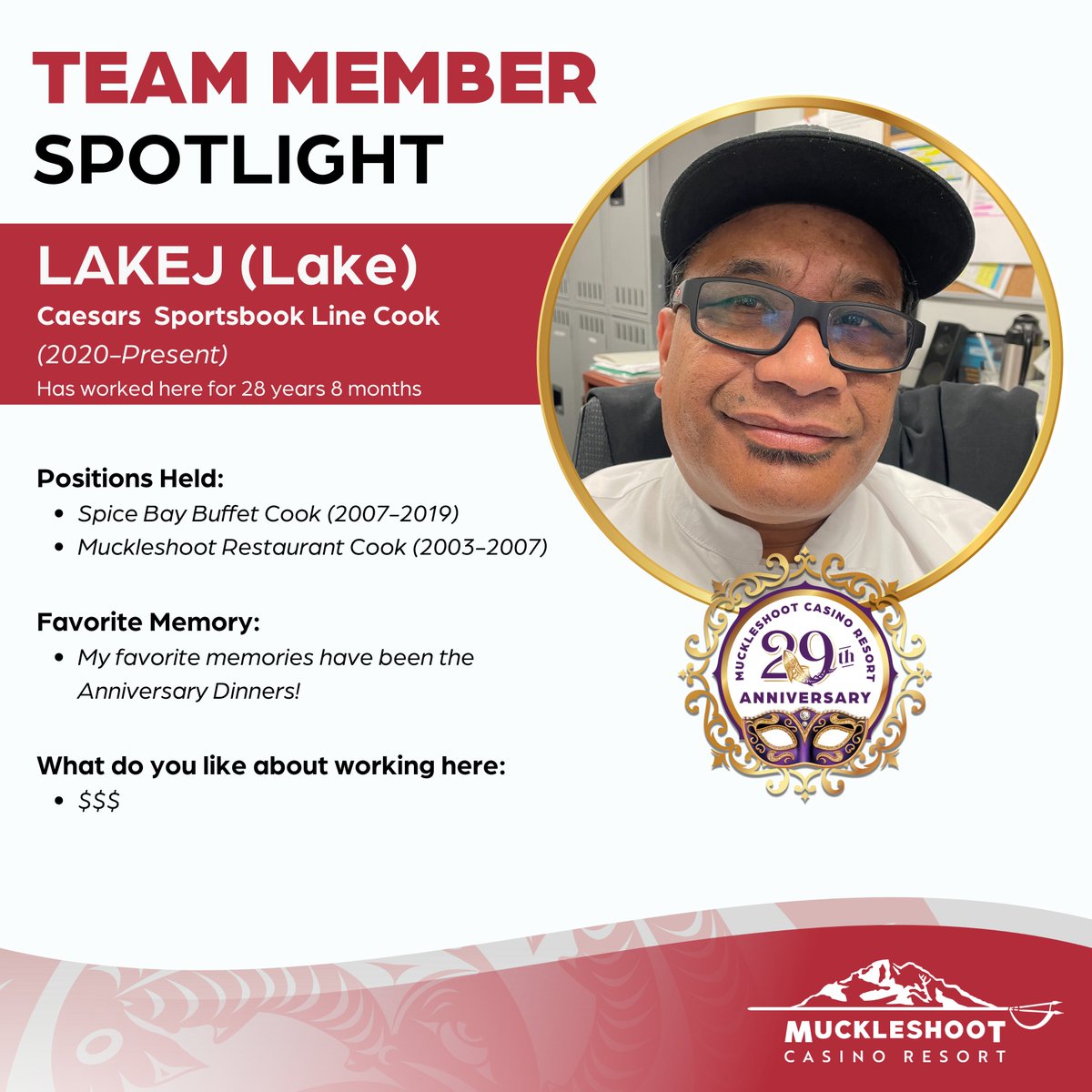 🍾Happy 29th Anniversary! Get to know our Team Members that have been here 20+ years! 

✨Lakej, aka Lake, one of our Line Cooks, has been with us 28 years 8 months! He definitely knows his way around the kitchen! Thank you for all you do! 🧑🏽‍🍳