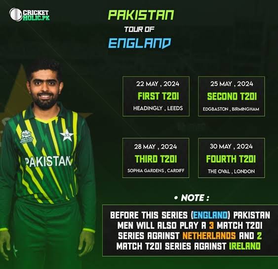 ,*Tour of Pakistan 🇵🇰 🏏*

*Pakistan🇵🇰 vs England 🇫🇴*

*Start from 22 May 2024 to 30 May 2024*🔰🏏🏟
#PakvsEng