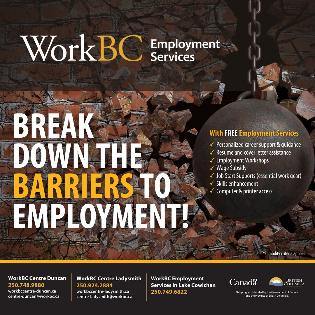 Finding sustainable employment can be a struggle. At WorkBC Cowichan we work with you to help you overcome any barriers preventing you from getting a good job: 250-748-9880 / centre-duncan@workbc.ca. #workbc #cowichanvalley