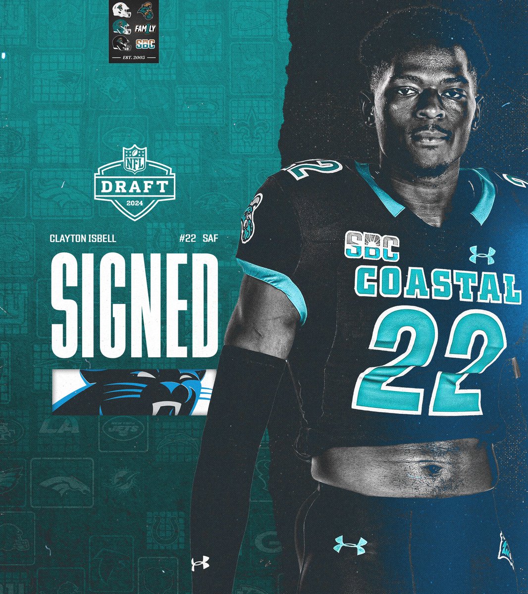 Coastal Football (@coastalfootball) on Twitter photo The Black Swarm is coming to Bank of America Stadium!
<a href="/claytonisbell10/">CLAYTON ISBELL</a> is heading to the <a href="/Panthers/">Carolina Panthers</a>!
#BALLATTHEBEACH | #FAM1LY | #TEALNATION The Black Swarm is coming to Bank of America Stadium!
<a href="/claytonisbell10/">CLAYTON ISBELL</a> is heading to the <a href="/Panthers/">Carolina Panthers</a>!
#BALLATTHEBEACH | #FAM1LY | #TEALNATION