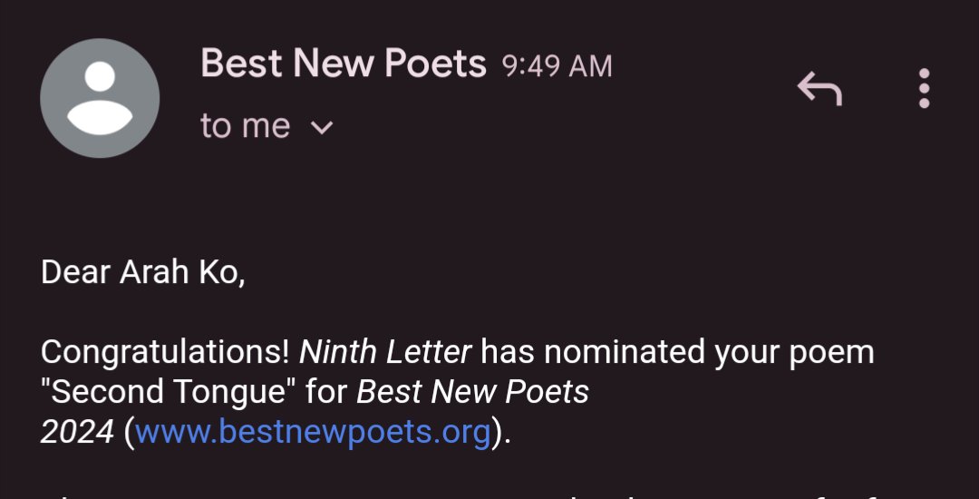 Honored to wake up this morning to Best New Poets nominations from journals I so admire - @ninthletter & @QuarterlyWest! Special thanks to @liz_harms, @jasminekhaliq_ & the incredible staff of these lit mags 💛