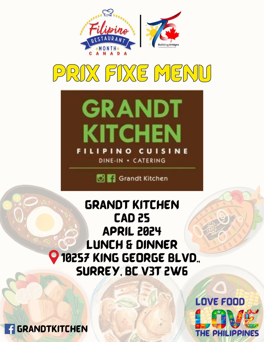 Visit GRANDT KITCHEN -one of the participating restaurants for the #filipinorestaurantmonthca which is celebrated throughout the entire month of April. Diners who will order the Prix Fixe Menu will have a chance to win local and national prizes (SCAN THEIR QR CODE)