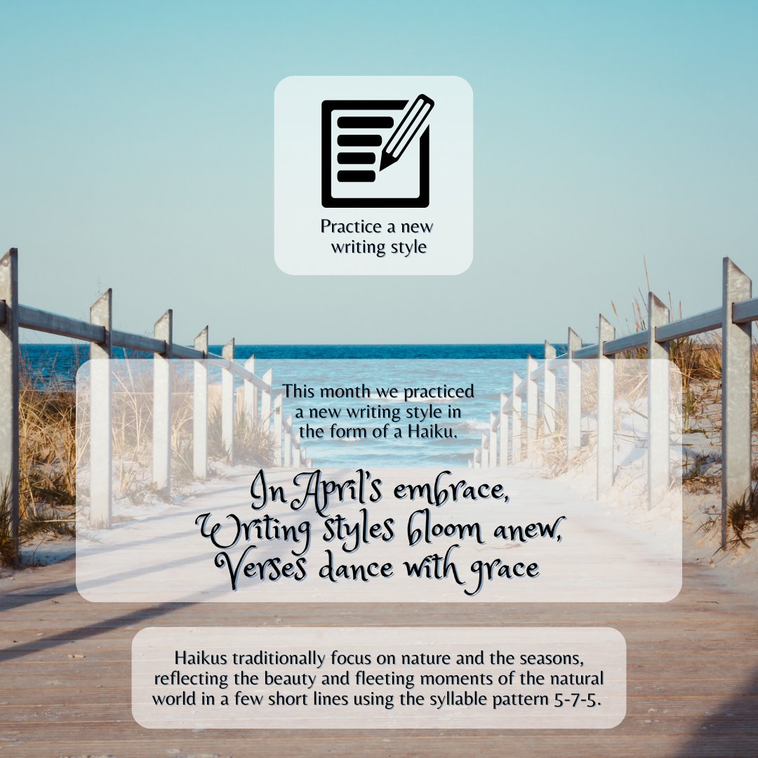 skillsupgrading's tweet image. This month we learned a new skill! You can write for a variety of reasons. Try a haiku today! Visit our website: skillsupgrading.ca 

Apply for a program: zurl.co/NwKE  

#ImprovingLivesThroughLearning #AprilGoals #MakeYourGoals