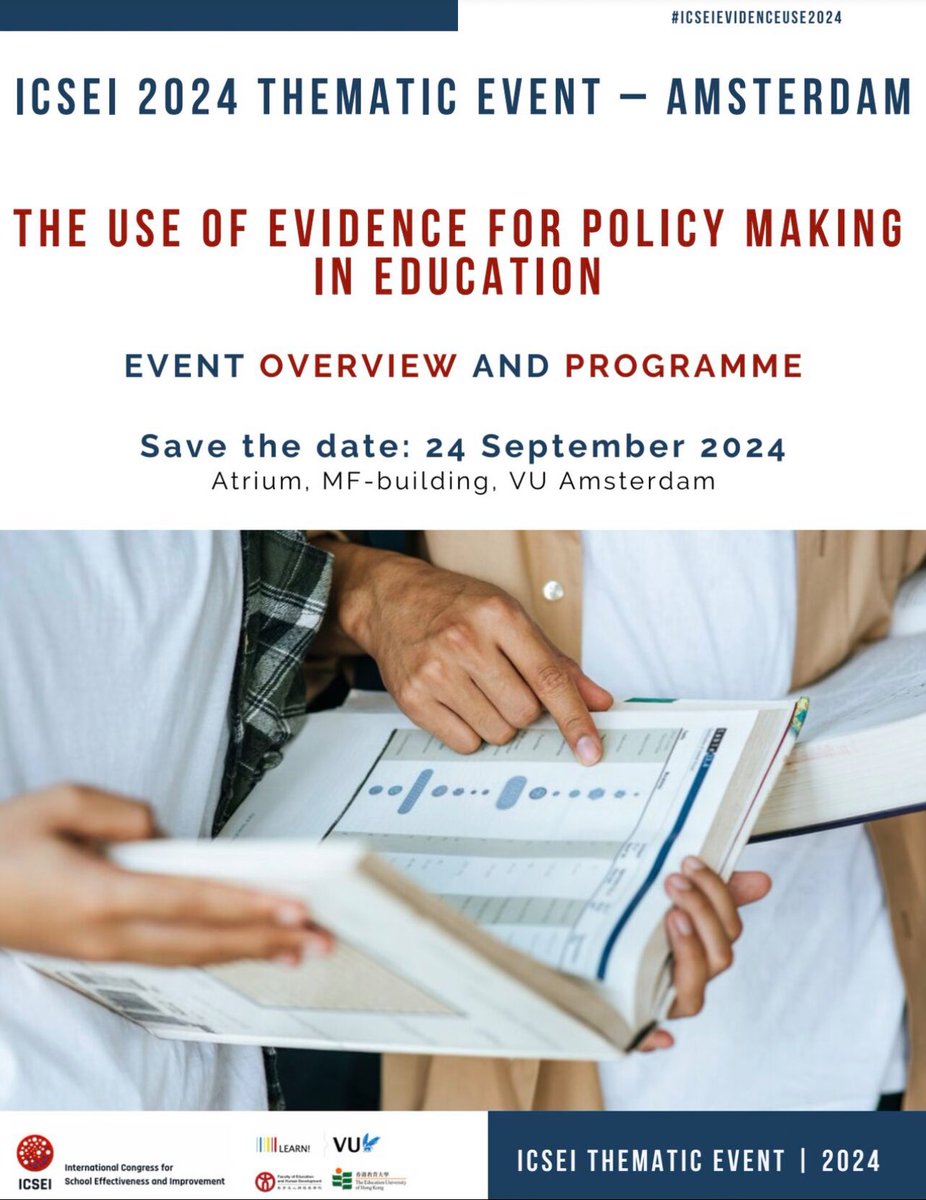 🚨 Are you interested in the use of evidence for policymaking in education? 🗓 Join the ICSEI Thematic Event in Amsterdam, Netherlands on the 24th September 2024. ⬇ Register, find out more, and access the programme here: icsei.net/icsei-2024-the… @melcm @PCampbell91 @3PNetwork