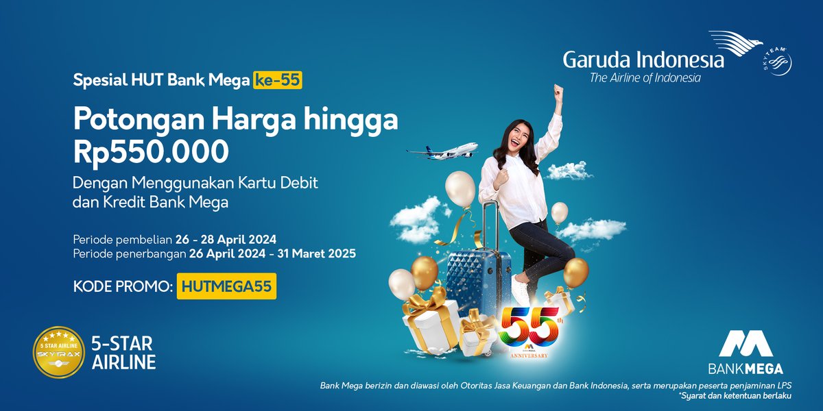 Dapatkan potongan hingga Rp550.000 di Spesial Ulang Tahun Bank Mega ke-55 Berlaku untuk pembelian hingga 28 April 2024 ke rute domestik dan internasional favorit Anda. Info lengkap: garuda-indonesia.com/id/id/special-… #GarudaIndonesia #BecauseYouMatter