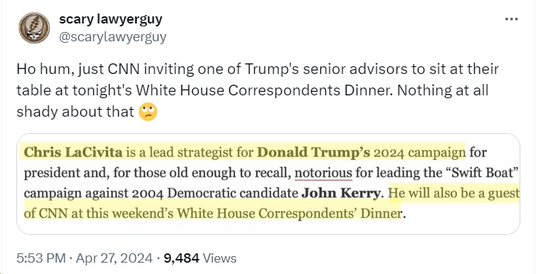 a) the White House Correspondents dinner epitomizes so much that's wrong with US political 'journalism' b) inviting LaCivita to sit at their table tells us a LOT - nothing good! - about @CNN bluevirginia.us/2024/04/saturd… h/t @scarylawyerguy