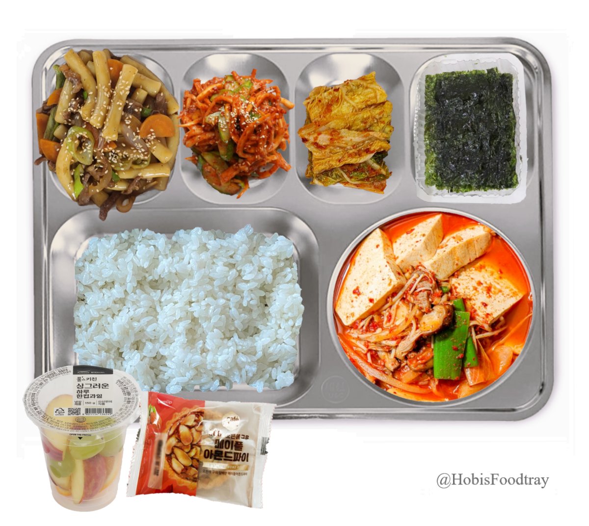 D-169
240501 WED

🥢석식 Dinner

밥 rice
두부찌개 Bean Curd Jjigae
소고기떡볶음 Stir-fried beef&rice cake
도라지오이무침 Bellflower root&Cucumber salad
배추김치 kimchi
맛김 Seasoned dried Laver
컵과일(사과) Apple in cup
메이플아몬드파이 Almond Pie

#Jhope #제이홉 #Hobisfoodtray