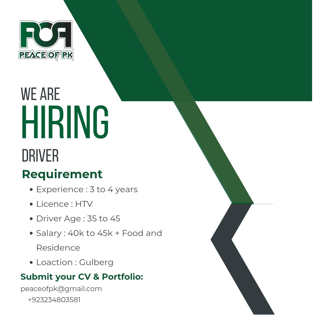 Driver Required
Experience : 3 to 4 years
Licence : HTV
Driver Age : 35 to 45
Salary : 40k to 45k + Food and Residenc
Loaction : Gulberg

#pathan #pakistani #jobsearch #jobsatisfaction #post #lhr #PakistanZindabad #driver #gooddriver #expertdriver