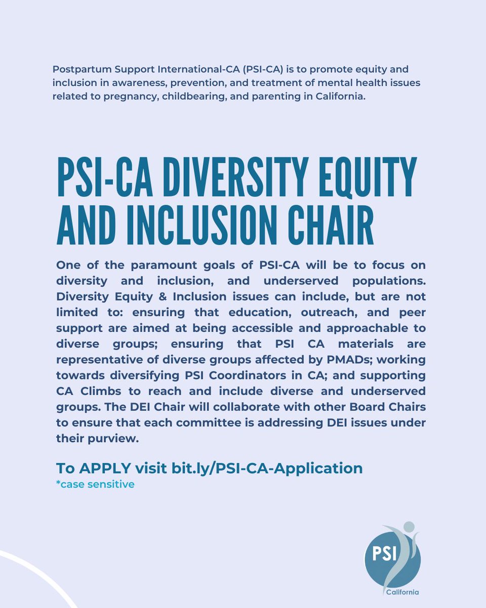 PSI_CA_Chapter's tweet photo. Calling all advocates &amp; parents passionate about addressing mental health issues related to pregnancy, childbearing &amp; parenting in California! We want YOU to join the PSI, California Chapter Board! We’re currently accepting applications: https://t.co/YfOEd5WEAx https://t.co/GTpuuNpDuP