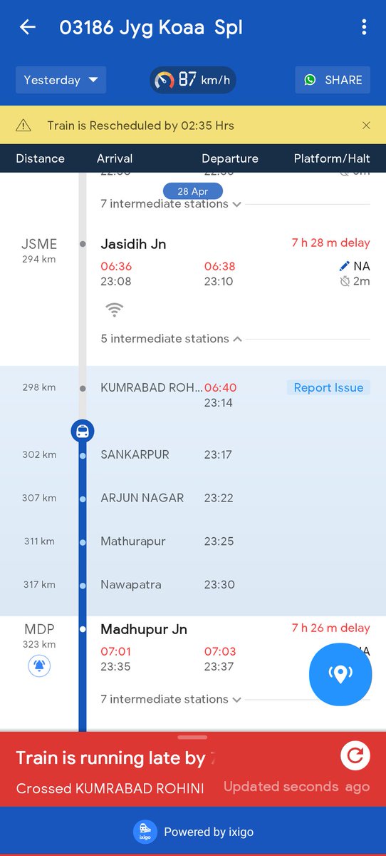 #trainlate, Hello! I have crossed KUMRABAD ROHINI at 06:40. Current running status: 7 h 26 m delay.
Expected to reach Asansol Jn at 28 Apr 2024 08:57 .
Track my train on the ixigo app: l.ixigo.com/peUYdgxQ0Om-
