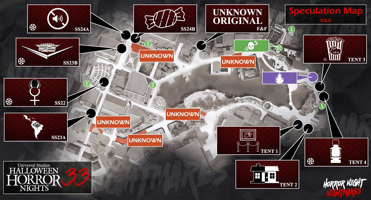 HNNightmares's tweet image. SO, what's everyone want to talk about? How about V2 of our #HHN Speculation Maps? Remember, things can and will change, as well as locations! It's SPEC, keep it fun! #HHN33 #HHN2024 #UniversalHHN #HorrorNights