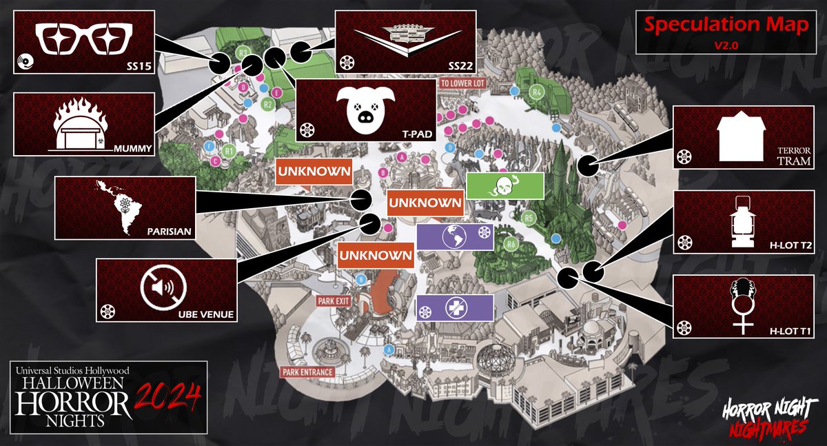 HNNightmares's tweet image. SO, what's everyone want to talk about? How about V2 of our #HHN Speculation Maps? Remember, things can and will change, as well as locations! It's SPEC, keep it fun! #HHN33 #HHN2024 #UniversalHHN #HorrorNights