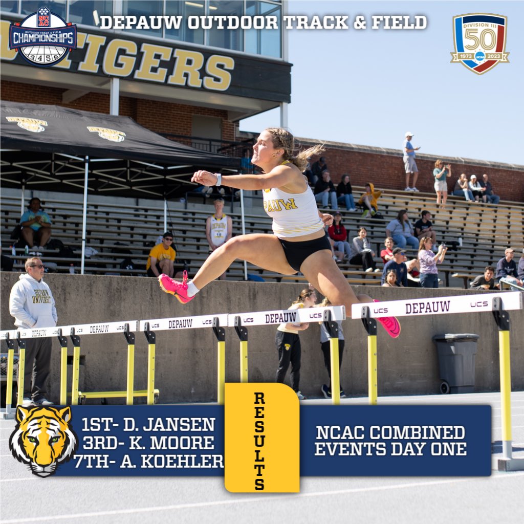 Results from today's competitions: 🎽 @DePauwXCTF competed in the Sycamore Open- the women's team finished 2nd & the men finished 3rd Jansen, Moore , & Koehler of the competed in the @NCAC outdoor track & field combined events championships today. #TeamDePauw #d3tf