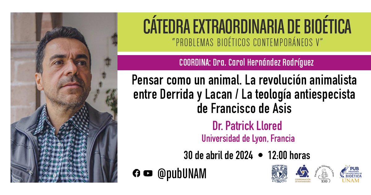 Última sesión del semestre de la Cátedra Extraordinaria de Bioética a cargo del Dr. @LloredPatrick. 📆 Martes 30 de abril ⏰ 12:00 horas 📲 Redes sociales del PUB
