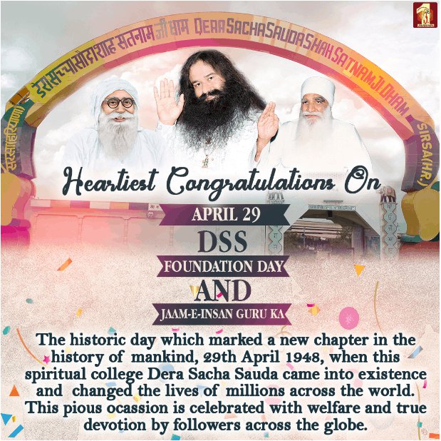 Dera Sacha Sauda is going to complete its 76th year on 29th April, a spiritual center where people of all religions are welcomed and respected, where they are taught to serve humanity with truth and selflessness. #1DayToFoundationDay Saint Dr MSG Insan