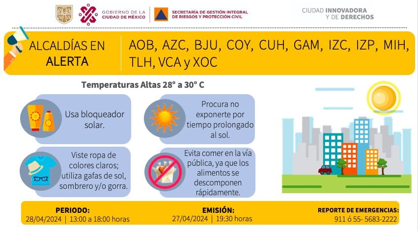 Se activa Alerta Amarilla por temperaturas altas para la tarde del domingo 28/04/2024, en las demarcaciones: @AlcaldiaAO, @AzcapotzalcoMx, @BJAlcaldia @Alcaldia_Coy, @AlcCuauhtemocMx, @TuAlcaldiaGAM, @IztacalcoAl, @Alc_Iztapalapa, @AlcaldiaMHmx, @TlahuacRenace, @A_VCarranza y…
