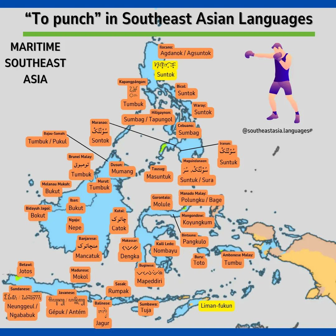 'To punch' (v.) in some languages of Southeast Asia

How about your languages? Comment below. Also, do comment if you have any correction.

---
Follow for more

Tags:
#language #southeastasia #southeastasialanguage #languagelearning #philipines #filipino