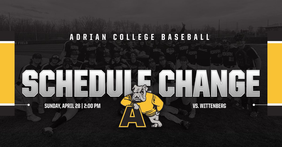 🚨SCHEDULE CHANGE!🚨 @AdrianBaseball's game against Wittenberg on Sunday, April 28 has been pushed back to a 2:00 PM start #d3baseball #GDTBAB