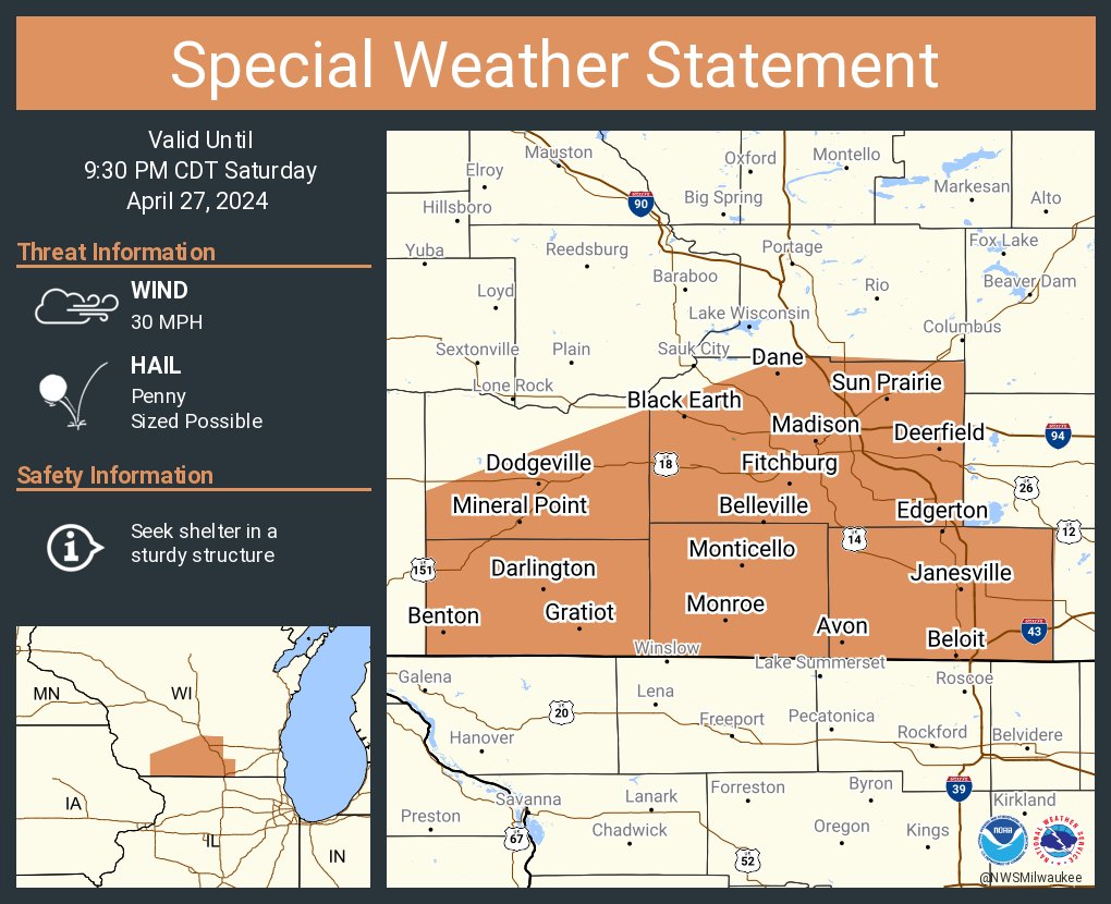 A special weather statement has been issued for Madison WI, Janesville WI and  Beloit WI until 9:30 PM CDT