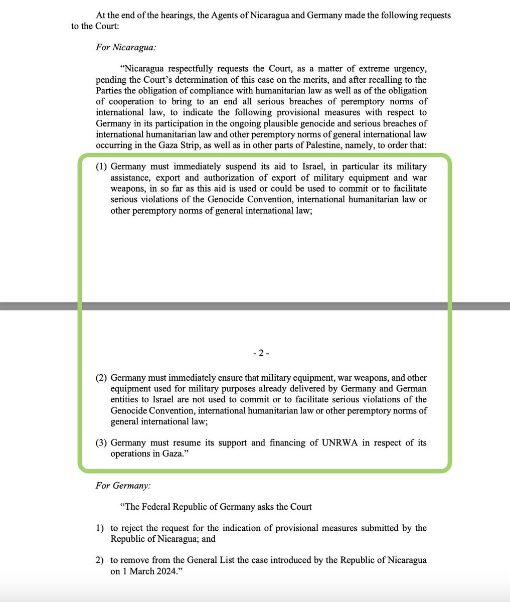 This coming Tuesday, the International Court of Justice will deliver its order on the request for the indication of provisional measures submitted by Nicaragua in the case against Germany. Nicaragua made the following requests to the Court (right):